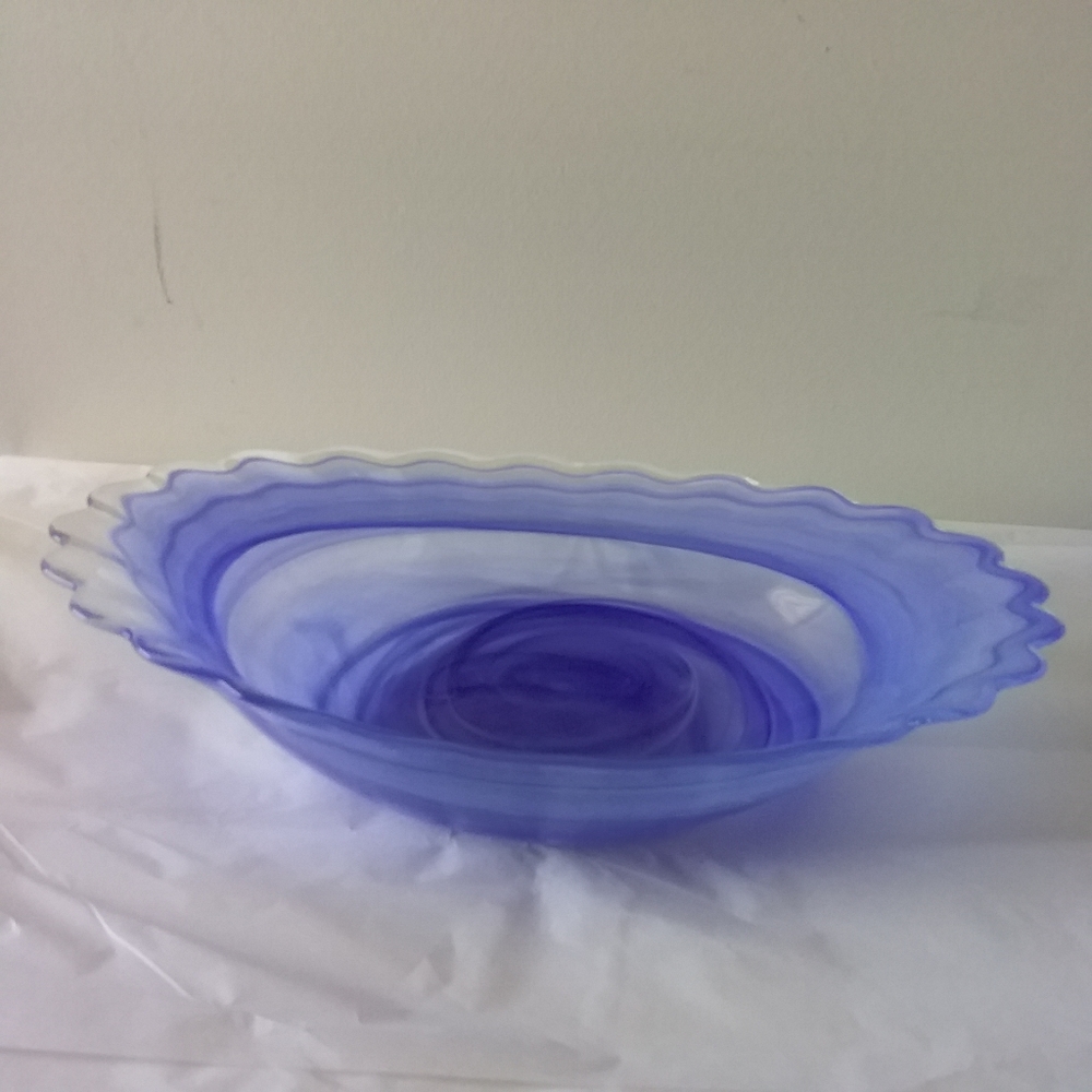 Cobalt Blue Hand-Blown Scalloped Edge Swirl Pattern Oval Oblong Bowl